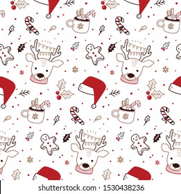 Cute Christmas Seamless Background In Doodle Style