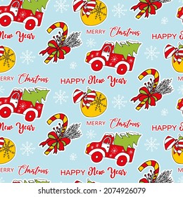 Cute Christmas seamless background with traditional attributes. Pickup and Christmas tree, caramel cane, Christmas tree toy and snowflakes. New Year holiday background. Art vector.