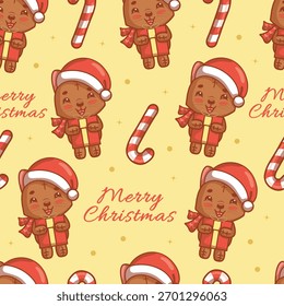 Cute Christmas seamless pattern with an adorable cat holding a gift box
