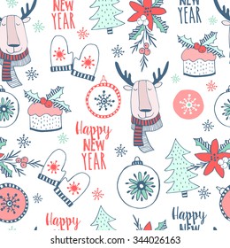 Cute christmas  seamless pattern  with cute animal and deco in cartoon style