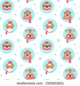 Cute christmas seamless pattern with animals. Bear, sloth, raccoon, giraffe. Animals in scarves and hats. Children's vector blue background with snowflakes. Printing on fabric, paper.