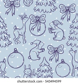 Cute Christmas seamless pattern with animals deer, doe, rabbit, lamb. Christmas Tree and cute animals. Funny animals childish design. Wonderful winter pattern for paper or fabric.