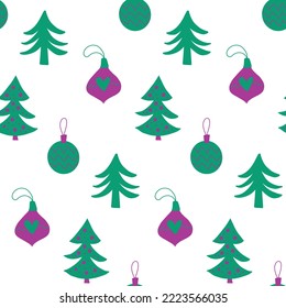 Cute Christmas seamless pattern background design with hand drawn doodles - Christmas trees, glass baubles. Simple naive childish drawing, New Year seasonal festive backdrop texture print.