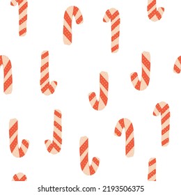 Cute Christmas seamless pattern with candy canes on isolated background. Vector retro repeat with traditional Christmas sweets. Illustration for fabric, textile, wrapping paper, wallpaper, and
