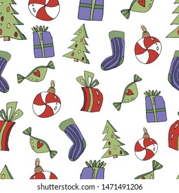 Cute Christmas seamless pattern in cartoon style. Sock, gifts, Christmas tree, toy in the form of a candy. Christmas print on a white background
