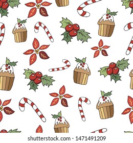 Cute Christmas seamless pattern in cartoon style. Lollipop, cupcake, spice and berries. Christmas print on a white background
