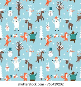 Cute Christmas seamless pattern with cartoon animals. Vector background for wrapping paper or greeting cards