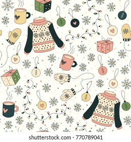 Cute Christmas seamless pattern with cartoon sweater, mitten, snowflake, gift, xmas decoration and mug of tea. Perfect for wallpaper, wrapping paper, textile, greeting card. Vector background.