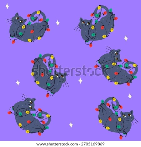 Cute Christmas seamless pattern cat with decorative Christmas lights,  garland. Hand drawn vector design.