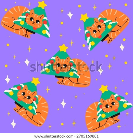Cute Christmas seamless pattern cat with decorative Christmas tree headband. Hand drawn vector design.