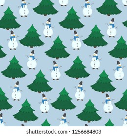 Cute Christmas seamless pattern with cheerful Snowmen and green fir trees on blue background. Winter holiday illustration for New Year textile, wrapping paper, surface, wallpaper
