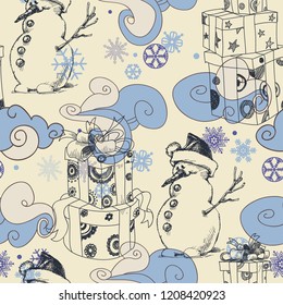 Cute Christmas seamless pattern, clouds and snow flakes, snowman and gifts