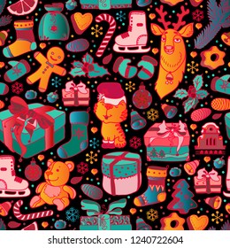 Cute Christmas seamless pattern with colorful toys, gift boxes, socks, skates, mittens and snowflakes. Cartoon style Vector illustration isolated on black background.