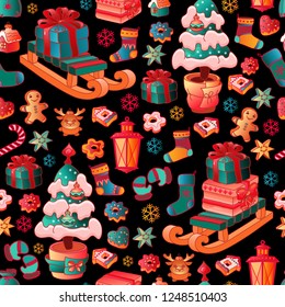 Cute Christmas seamless pattern with colorful sleigh with gifts, lanterns, Christmas trees, socks, toys, cookies. Cartoon style Vector illustration isolated on black background.