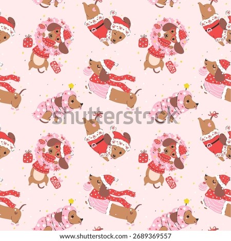 Cute Christmas Seamless Pattern Dachshund Dog Santa Festive Repeat Wallpaper Hand Drawn Background 