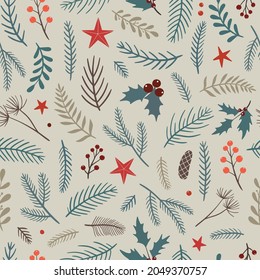 süße, nahtlose Weihnachtsmuster mit floralen Elementen auf grauem Hintergrund. Gut geeignet für Papier, Drucke, Tapeten, Scrapbooking, Hintergründe usw. EPS10
