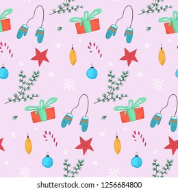 Cute Christmas seamless pattern with doodle hand drawn gift boxes, candies, mittens and balls. Winter holiday illustration for new year textile, wrapping paper, surface, wallpaper