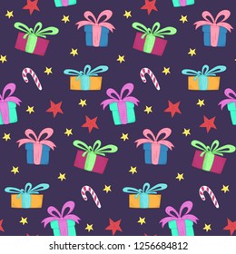 Cute Christmas seamless pattern with doodle bright gift boxes, candies, mittens and balls on dark blue background. Winter holiday illustration for new year textile, wrapping paper, surface, wallpaper