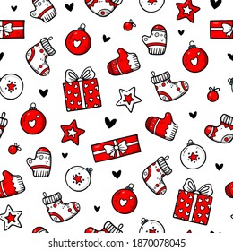 Cute Christmas seamless pattern in doodle style. Great for winter theme wrapping paper, fabric, textile, wallpaper. Funny New year cartoon vector background.
