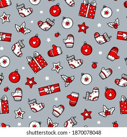 Cute Christmas seamless pattern in doodle style. Great for winter theme wrapping paper, fabric, textile, wallpaper. Funny New year cartoon vector background.