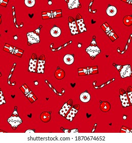 Cute Christmas seamless pattern in doodle style. Great for winter theme wrapping paper, fabric, textile, wallpaper. Funny New year cartoon vector background.