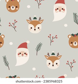 Un patrón perfecto de Navidad con fabulosos Santa, oso y ciervo. Encantadores personajes festivos al estilo de doodle. Gracioso diseño de bebé para felicitaciones. Ideal para embalajes, textiles, tejidos.