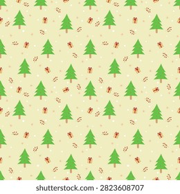 Cute Christmas seamless pattern featuring green trees, wrapped gifts, red holly berries, snow dots and decorative stars on a soft cream background for holiday wrapping paper, fabric and stationery.