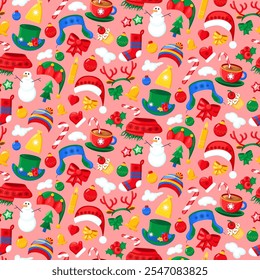 Cute Christmas seamless pattern with festive new year elements. Cozy knitted clothes, snowmen and tree decorations. Ornate printing on fabric, cover and packaging. Cartoon vector ornate on pink back