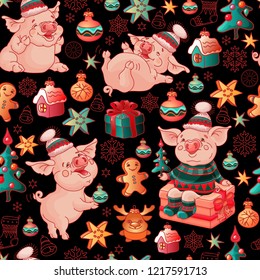 Cute Christmas seamless pattern with funny pigs, colorful toys, gift boxes and Christmas trees.Cartoon style Vector illustration isolated on black background.