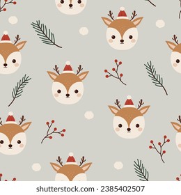 Cute Christmas seamless pattern. Funny cartoon deer in Santa hat, fir branches, red berries and snowflakes. Festive vector print. Creative hand drawn kids design for clothes, pajamas, textiles.