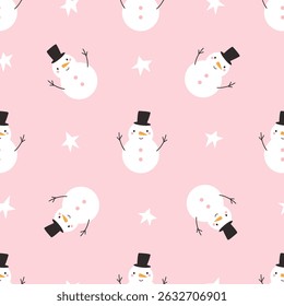 Cute Christmas Seamless Pattern with Funny Snowman, Stars at Pink Background.