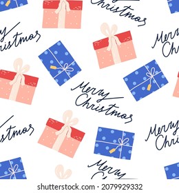 Cute Christmas seamless pattern with gift boxes and hand drawn text, flat vector illustration on white background. Great for wrapping paper or textile.