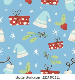 Cute Christmas seamless pattern with Christmas gift box, hat, mittens, snowflakes, holly. Hand drawn Vector illustration