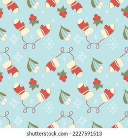Cute Christmas seamless pattern with Christmas gift box, stockings, mittens, snowflakes, holly. Hand drawn Vector illustration