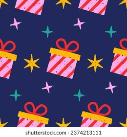 Frische Weihnachtsmuster mit Geschenkbox, Sternen und Zwillingen auf dunkelblauem Hintergrund. Fantastisches Verpackungspapier im Cartoon-Stil für Neujahr und Winterferien. Handgezeichneter Vektor