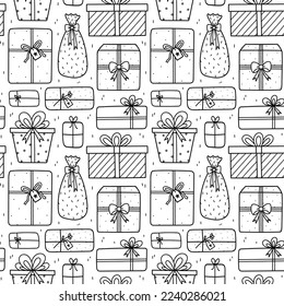Cute Christmas seamless pattern with gifts. Vector hand-drawn doodle illustration. Festive background with presents. Perfect for wrapping paper, decorations, wallpaper, print, holiday designs.
