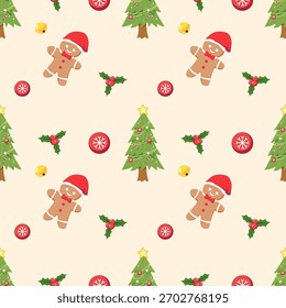 Nettes Weihnachten nahtloses Muster mit Lebkuchen Mann und Baum, festlicher Vektorhintergrund mit weihnachtlichen Elementen