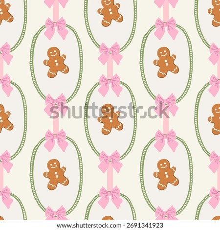 Cute Christmas seamless pattern with gingerbread cookies, pink bows and whimsical green frames. Xmas retro print with gingerbread man for holiday wrapping paper, fabric, textile design.
