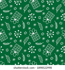 Cute Christmas seamless pattern with hand drawn illustrations in doodle style on green background.