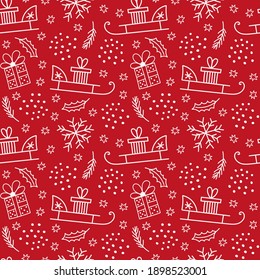 Cute Christmas seamless pattern with hand drawn illustrations in doodle style on red background.