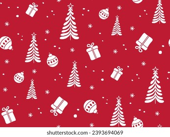 Cute Christmas seamless pattern. Hand drawn white silhouette of Xmas tree, gift, ball, snow on red background. Winter holidays doodle illustration