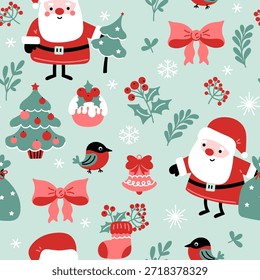 Lindo patrón de Navidades sin fisuras con Santa Claus dibujado a mano, árbol de Navidad y otra decoración sobre un fondo turquesa claro.  Fondo de dibujos animados de temporada de vacaciones de invierno en Vector.