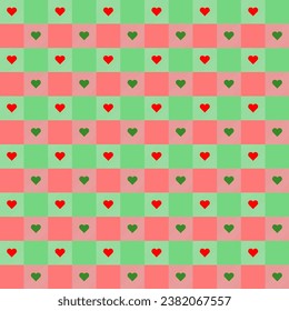 Cute Christmas seamless pattern with heart.Checkered tartan plaid with twill weave repeat pattern in green and red.Geometric vector illustration background design for fabric and print.