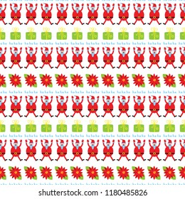 Cute Christmas seamless pattern. Holiday background with poinsettia, Santa Claus and gift box for seasonal wrapping paper, textile, fabric, surfaces design. Vector illustration