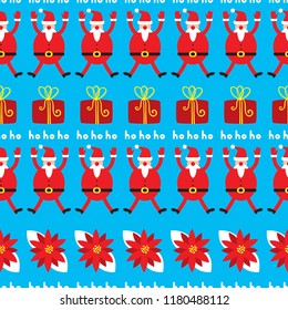 Cute Christmas seamless pattern. Holiday background with poinsettia, Santa Claus and gift box for seasonal wrapping paper, textile, fabric, surfaces design. Vector illustration