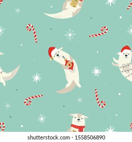 Cute Christmas seamless pattern with holiday adorable otters.  