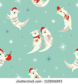 Cute Christmas seamless pattern with holiday adorable otters. 