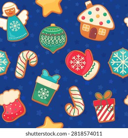 Cute Christmas seamless pattern with holiday cookies. Cartoon Xmas gingerbread bisquits fun repeat design with cute sugar cookie kit.