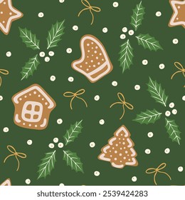 Cute Christmas seamless pattern with home baked cookies, holly plant leaves, little bows and berries. Holiday season festive background. Elegant design for wrapping paper, fabric.