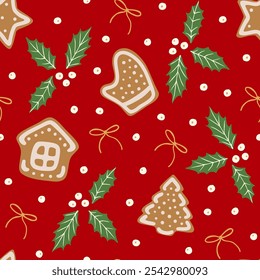 Cute Christmas seamless pattern with home baked cookies, holly plant leaves, little bows and berries. Holiday season festive background. Elegant design for wrapping paper, fabric.